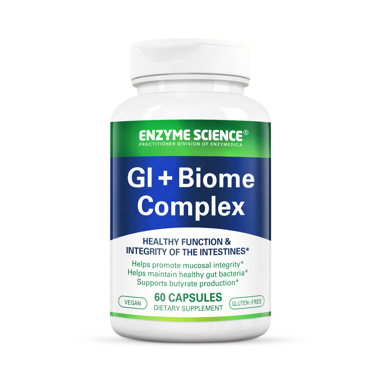 A bottle of GI + Biome Complex dietary supplement by Enzyme Science with 60 capsules, focusing on gut health.