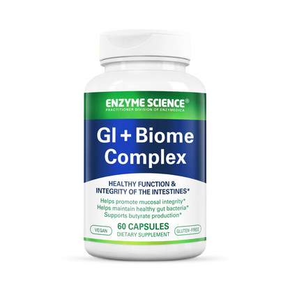 A bottle of GI + Biome Complex dietary supplement by Enzyme Science with 60 capsules, focusing on gut health.