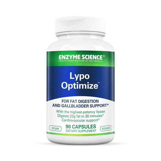 A bottle of Lypo Optimize dietary supplement with 90 capsules, designed for fat digestion and gallbladder support.