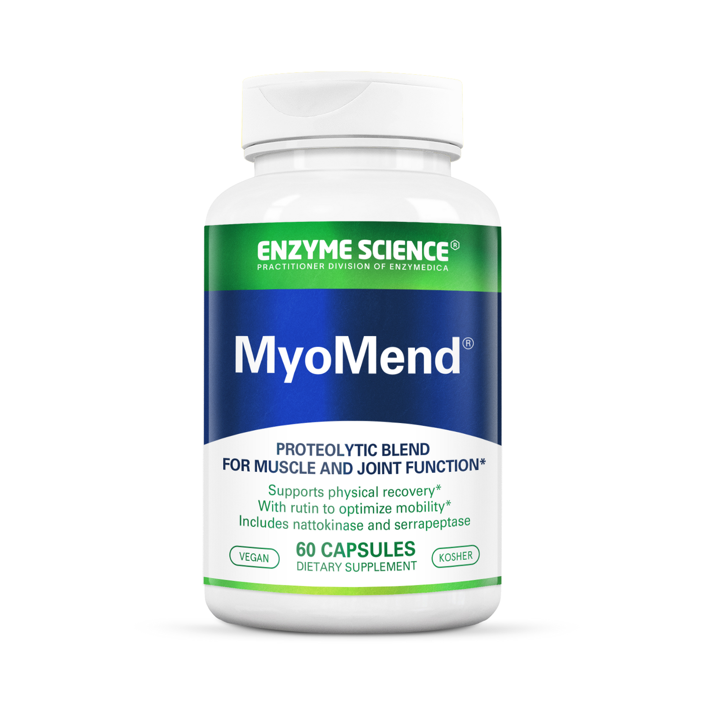 A bottle of MyoMend dietary supplement by Enzyme Science, with 60 capsules for muscle and joint function support.