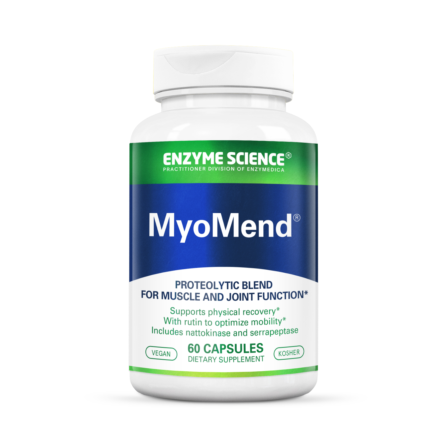 A bottle of MyoMend dietary supplement by Enzyme Science, with 60 capsules for muscle and joint function support.