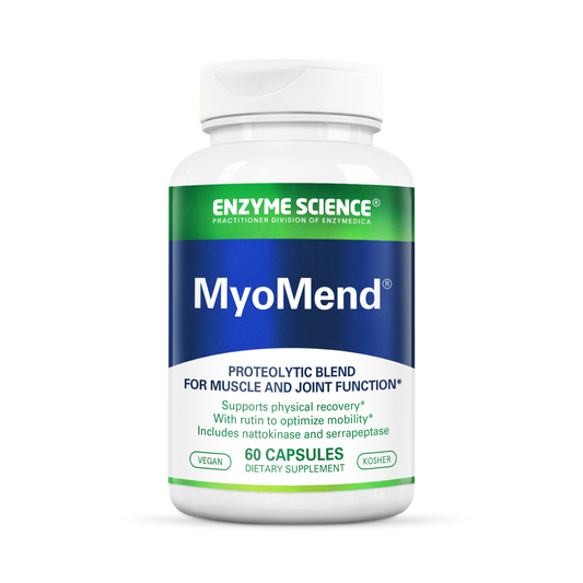 A bottle of MyoMend dietary supplement by Enzyme Science, with 60 capsules for muscle and joint function support.