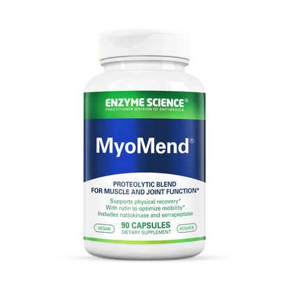 A bottle of MyoMend dietary supplement by Enzyme Science, with 60 capsules for muscle and joint function support.