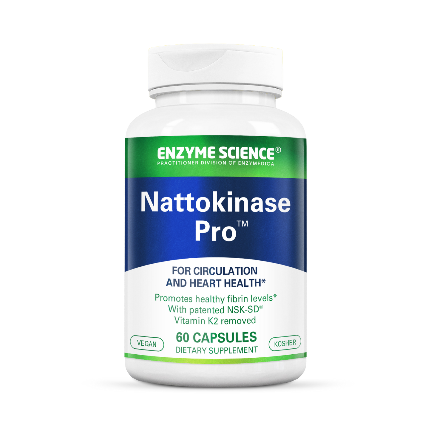 A bottle of Nattokinase Pro dietary supplement by Enzyme Science, containing 60 capsules for circulation and heart health.