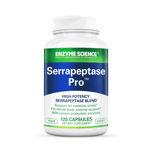 A bottle of Serrapeptase Pro dietary supplement with 120 capsules, branded by Enzyme Science.