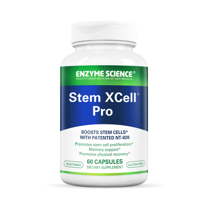 A bottle of Stem XCell Pro dietary supplement by Enzyme Science, with 60 capsules inside, designed to boost stem cells and support various functions.