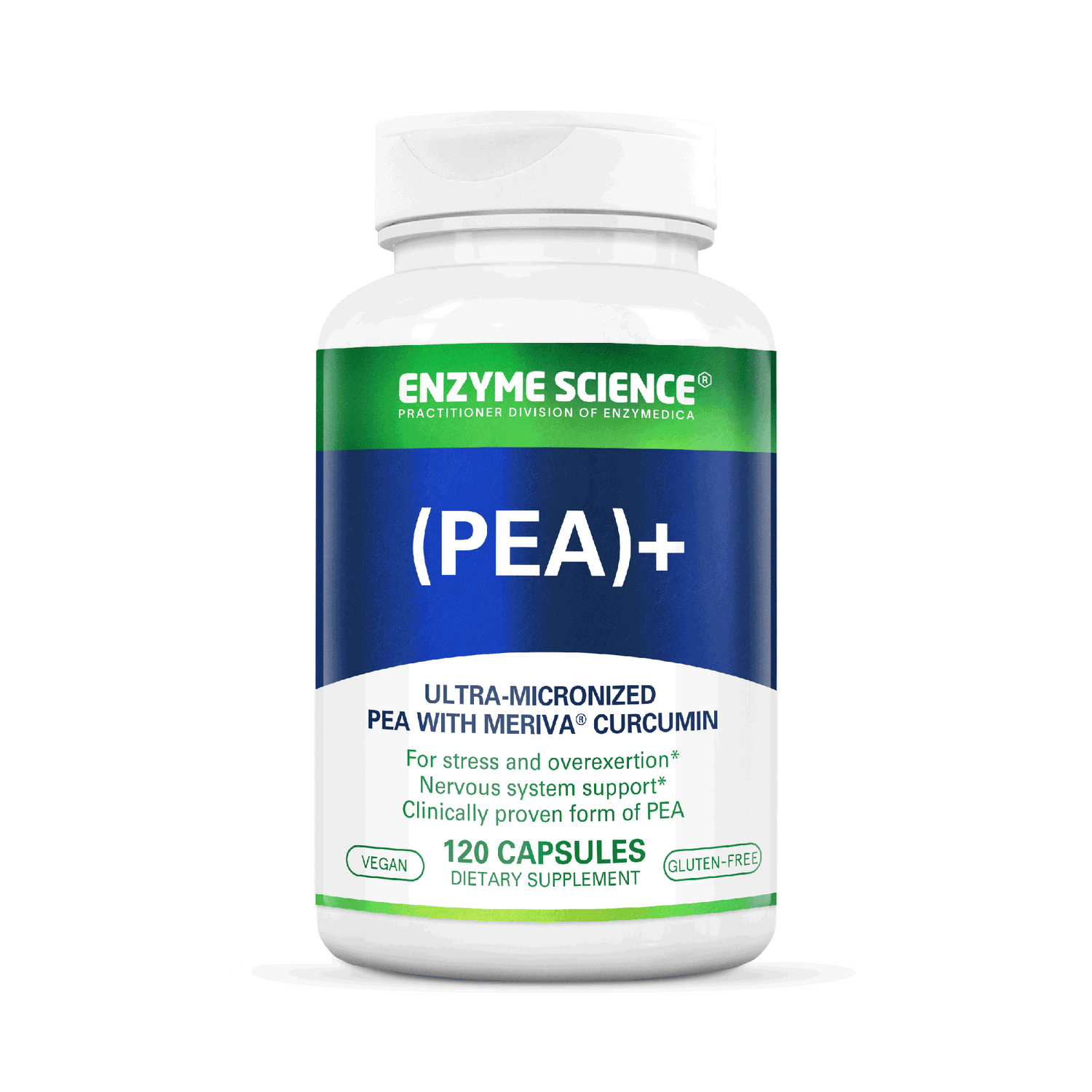 A bottle of (PEA)+ dietary supplement by Enzyme Science, containing ultra-micronized PEA with Meriva Curcumin, with 120 capsules for stress and nervous system support.