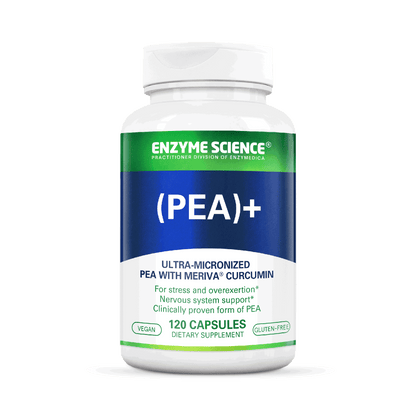 A bottle of (PEA)+ dietary supplement by Enzyme Science, containing ultra-micronized PEA with Meriva Curcumin, with 120 capsules for stress and nervous system support.