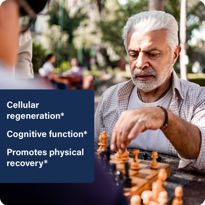 Advertisement for ES Stem XCell and what this product does to help you with an older man outside playing chess