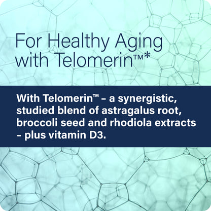 Advertisement for Telomerin with text about healthy aging and ingredient list on a blue background.