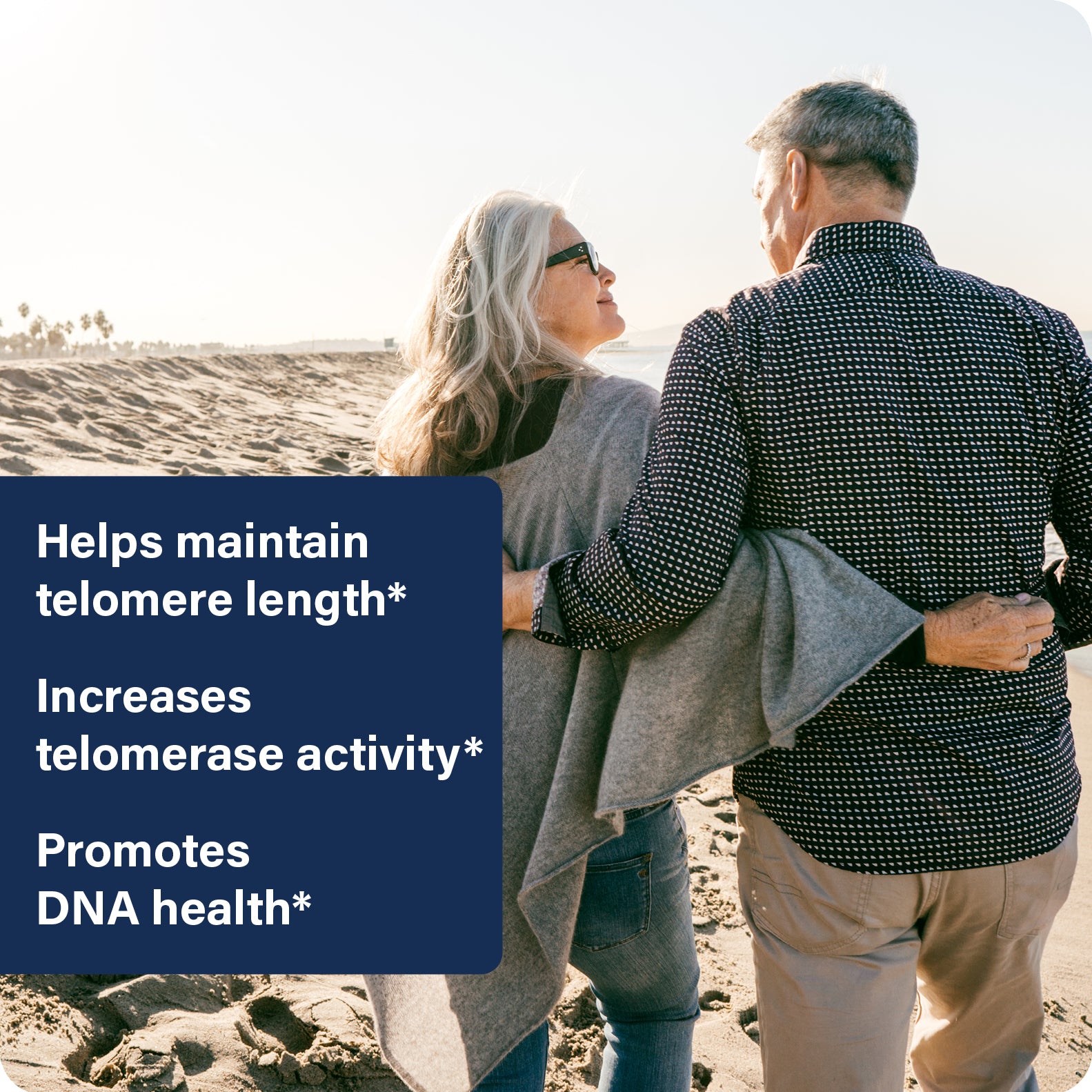 Two people walking on a beach with text about telomere health.