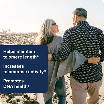 Two people walking on a beach with text about telomere health.