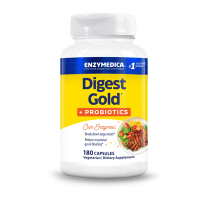 Front bottle shot of Enzymedica Digest Gold + Probiotics, 180 capsules, vegetarian dietary supplement.