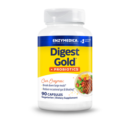 Front bottle shot of Enzymedica Digest Gold + Probiotics, 90 capsules, vegetarian dietary supplement.