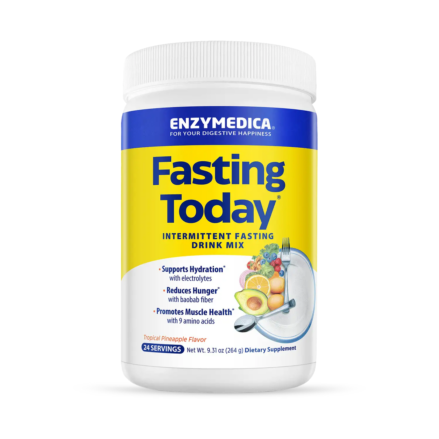 A container of Enzymedica Fasting Today intermittent fasting drink mix, with a label showing fruits and text highlighting its benefits for hydration, fiber, and muscle health.