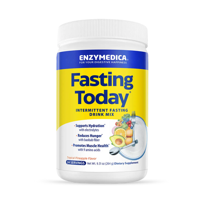 A container of Enzymedica Fasting Today intermittent fasting drink mix, with a label showing fruits and text highlighting its benefits for hydration, fiber, and muscle health.