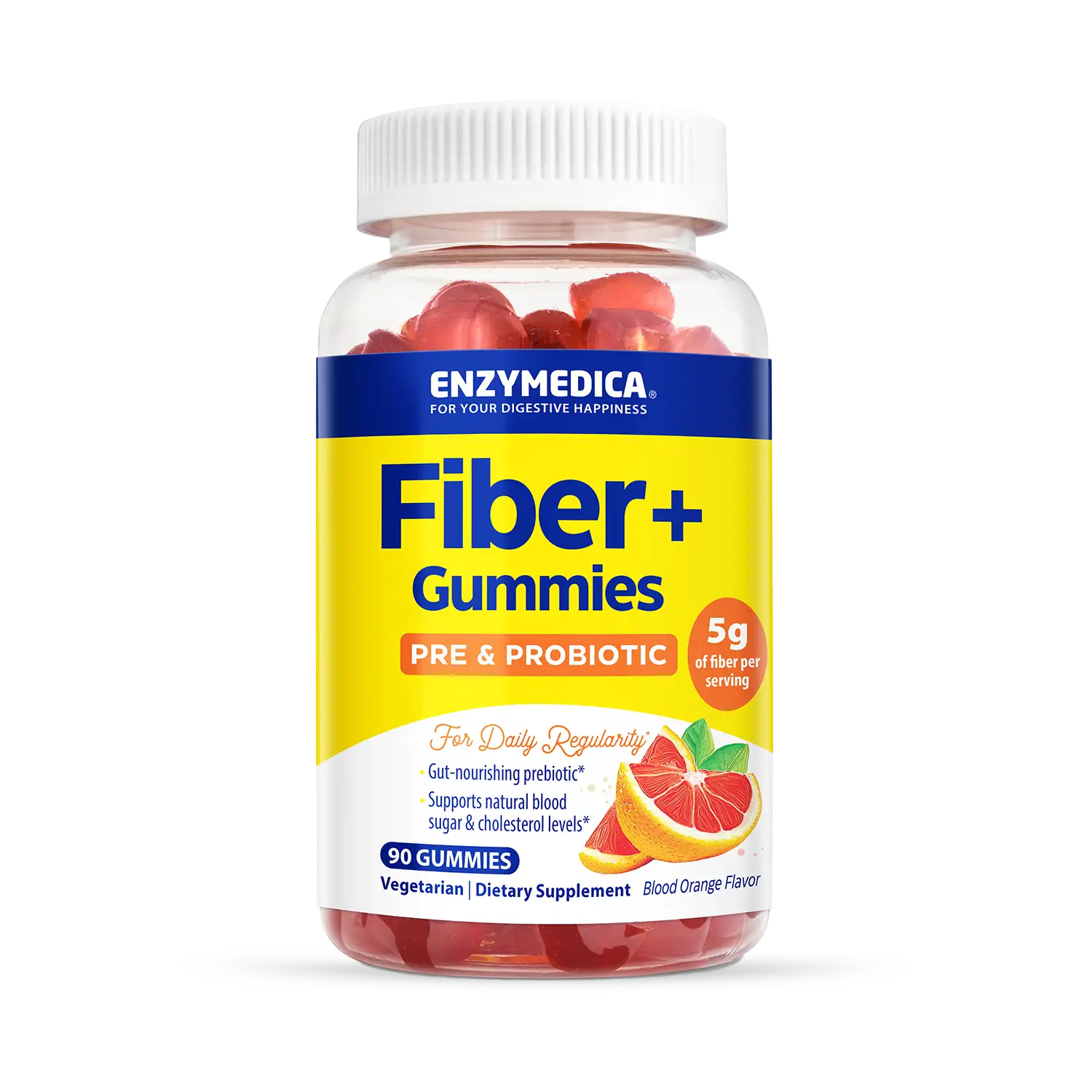 A bottle of Enzymedica Fiber+ Gummies, which are pre and probiotic supplements with 5g of fiber per serving, in bio orange flavor.