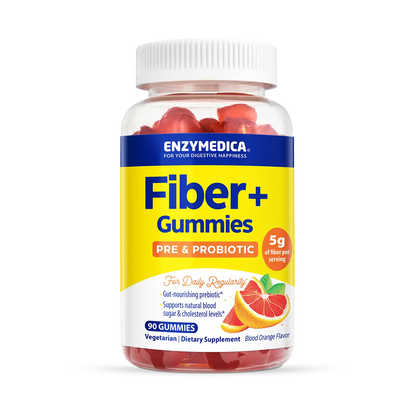 A bottle of Enzymedica Fiber+ Gummies, which are pre and probiotic supplements with 5g of fiber per serving, in bio orange flavor.