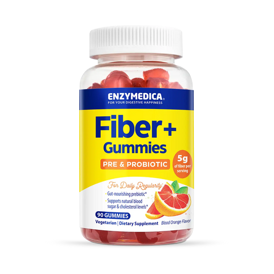 A bottle of Enzymedica Fiber+ Gummies, which are pre and probiotic supplements with 5g of fiber per serving, in bio orange flavor.