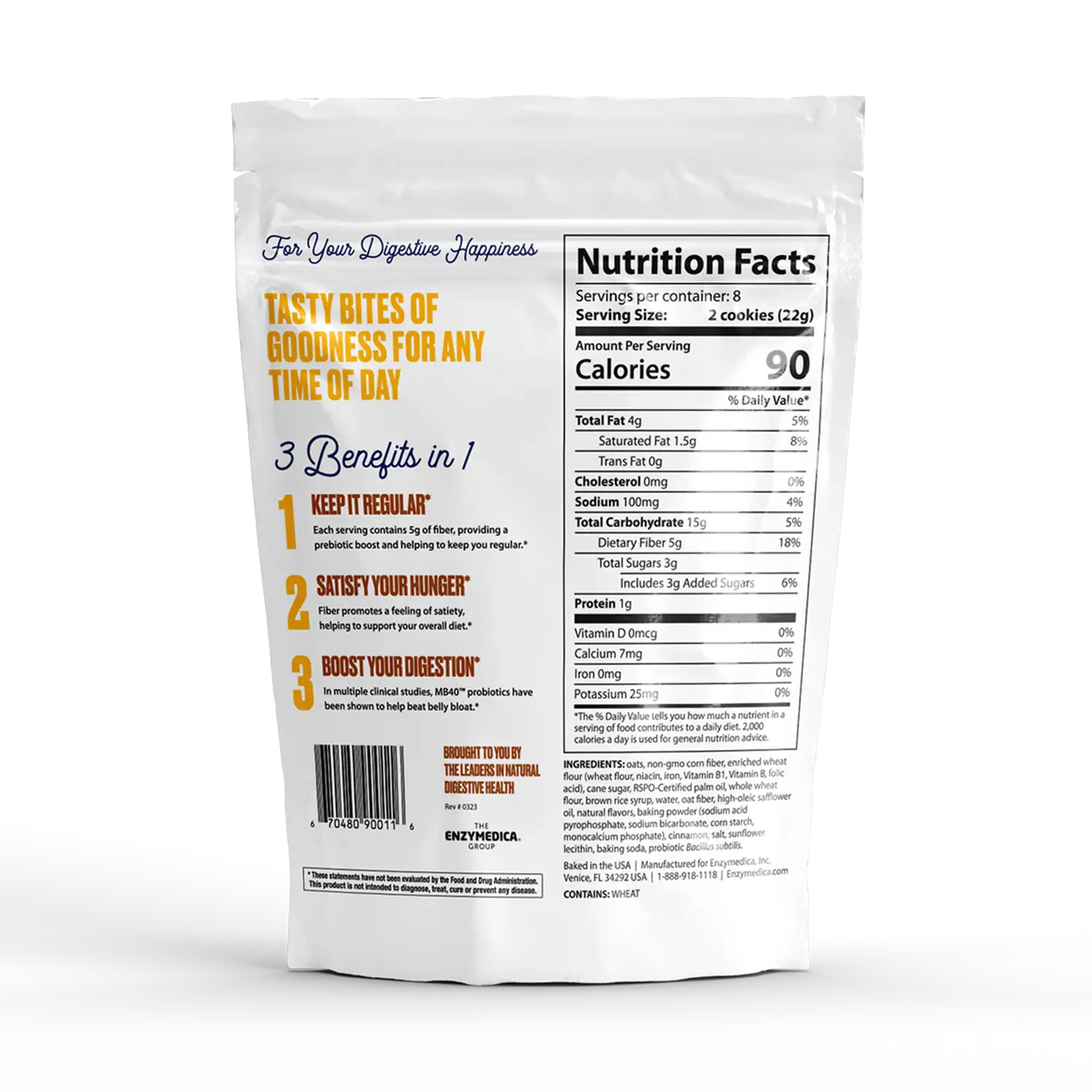 The back side of a bag of fiber cookies harvest oats 