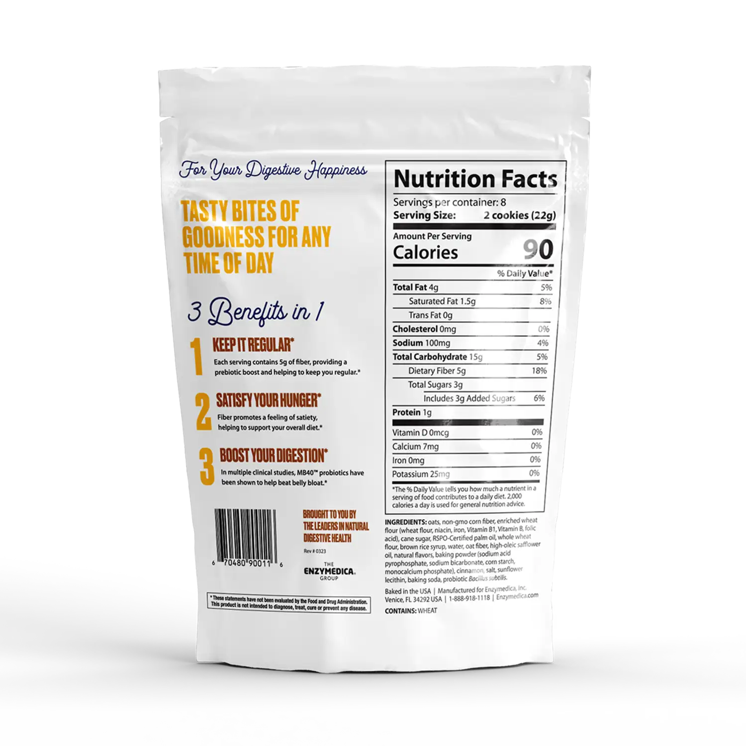 The back side of a bag of fiber cookies harvest oats 