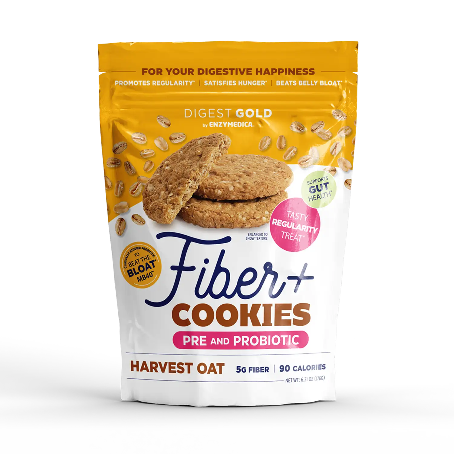 A package of Digest Gold Fiber+ Cookies - Harvest Oat flavor. The packaging is predominantly yellow and white, with images of the oat cookies and seeds.