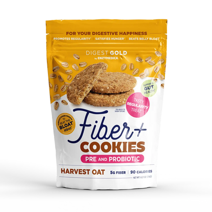 A package of Digest Gold Fiber+ Cookies - Harvest Oat flavor. The packaging is predominantly yellow and white, with images of the oat cookies and seeds.