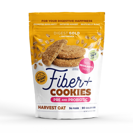 A package of Digest Gold Fiber+ Cookies - Harvest Oat flavor. The packaging is predominantly yellow and white, with images of the oat cookies and seeds.