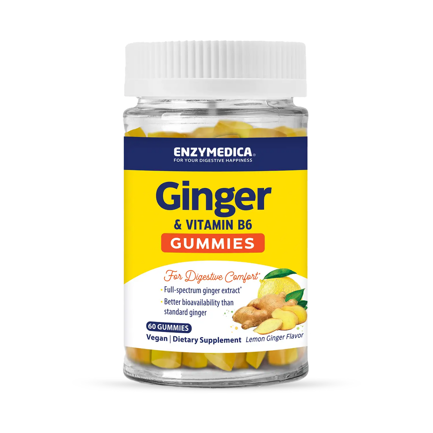 A bottle of Enzymedica Ginger & Vitamin B6 Gummies with lemon-ginger flavor for digestive comfort.