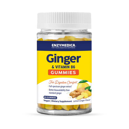 A bottle of Enzymedica Ginger & Vitamin B6 Gummies with lemon-ginger flavor for digestive comfort.