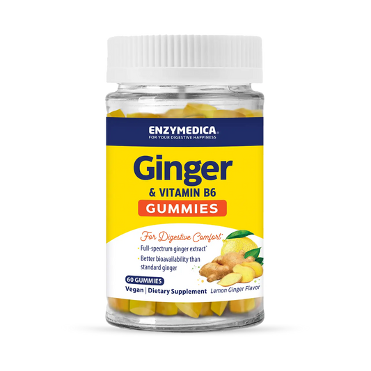 A bottle of Enzymedica Ginger & Vitamin B6 Gummies with lemon-ginger flavor for digestive comfort.