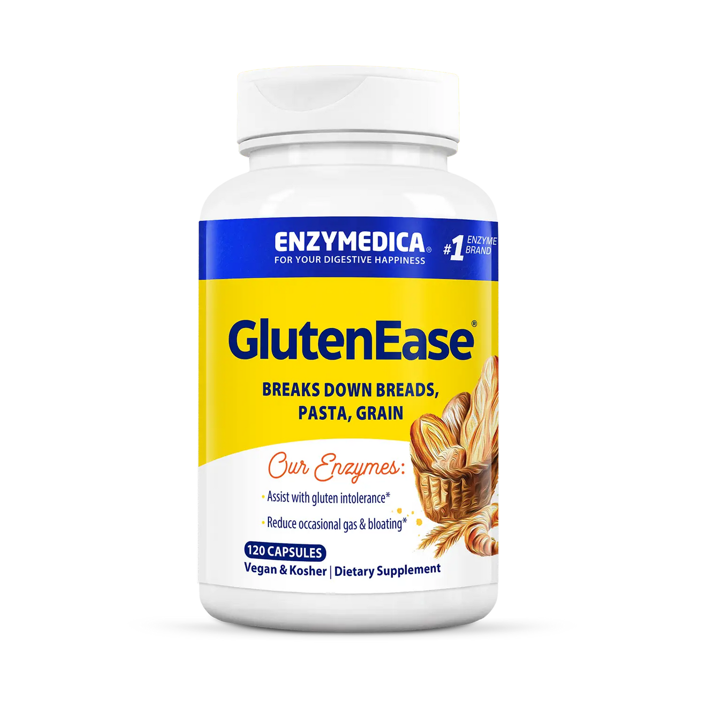 A bottle of Enzymedica GlutenEase dietary supplement, which is designed to aid digestion of gluten and casein containing foods.