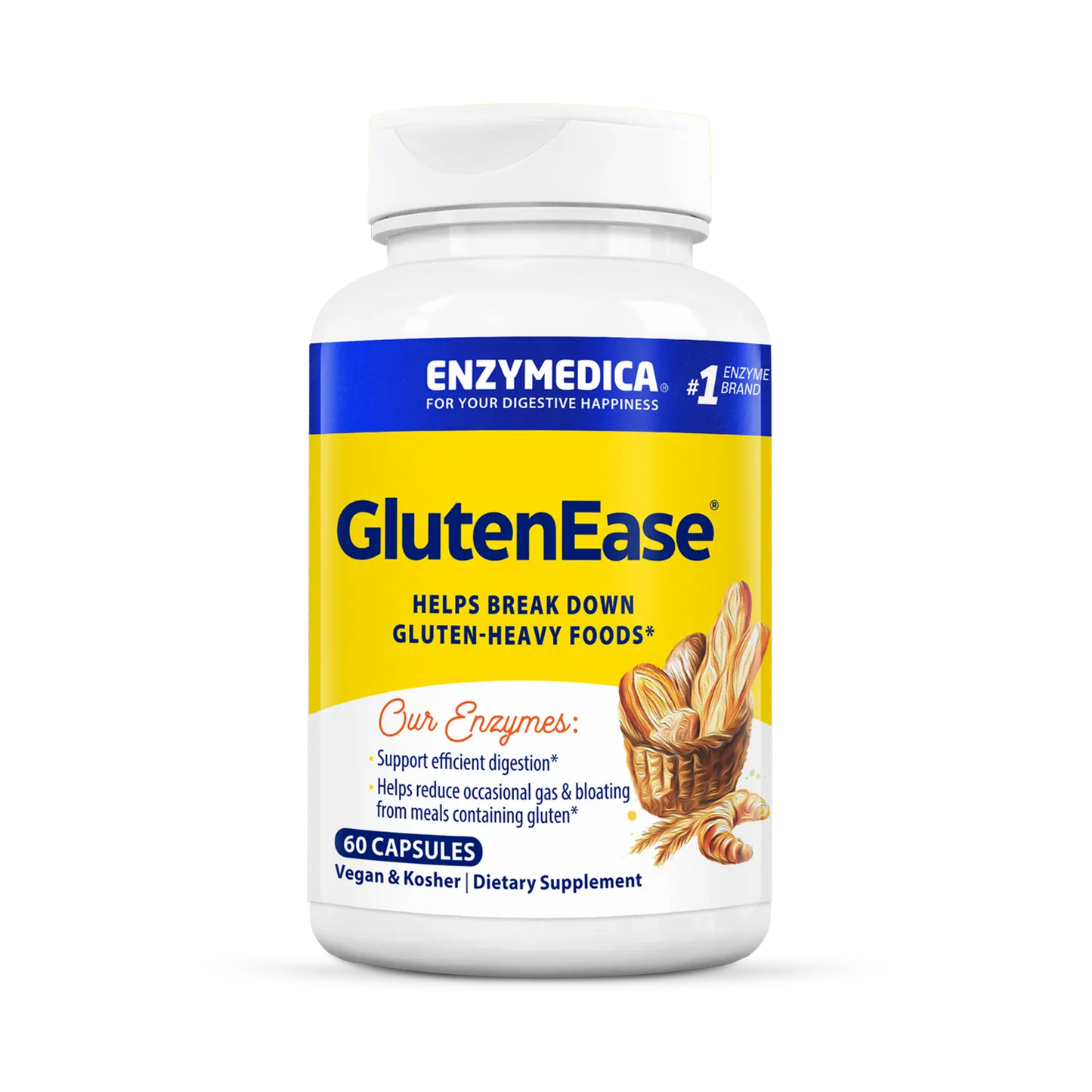 Enzymedica GlutenEase supplement bottle on a white background that holds 60 capsules