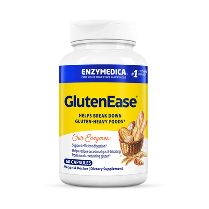 Enzymedica GlutenEase supplement bottle on a white background that holds 60 capsules