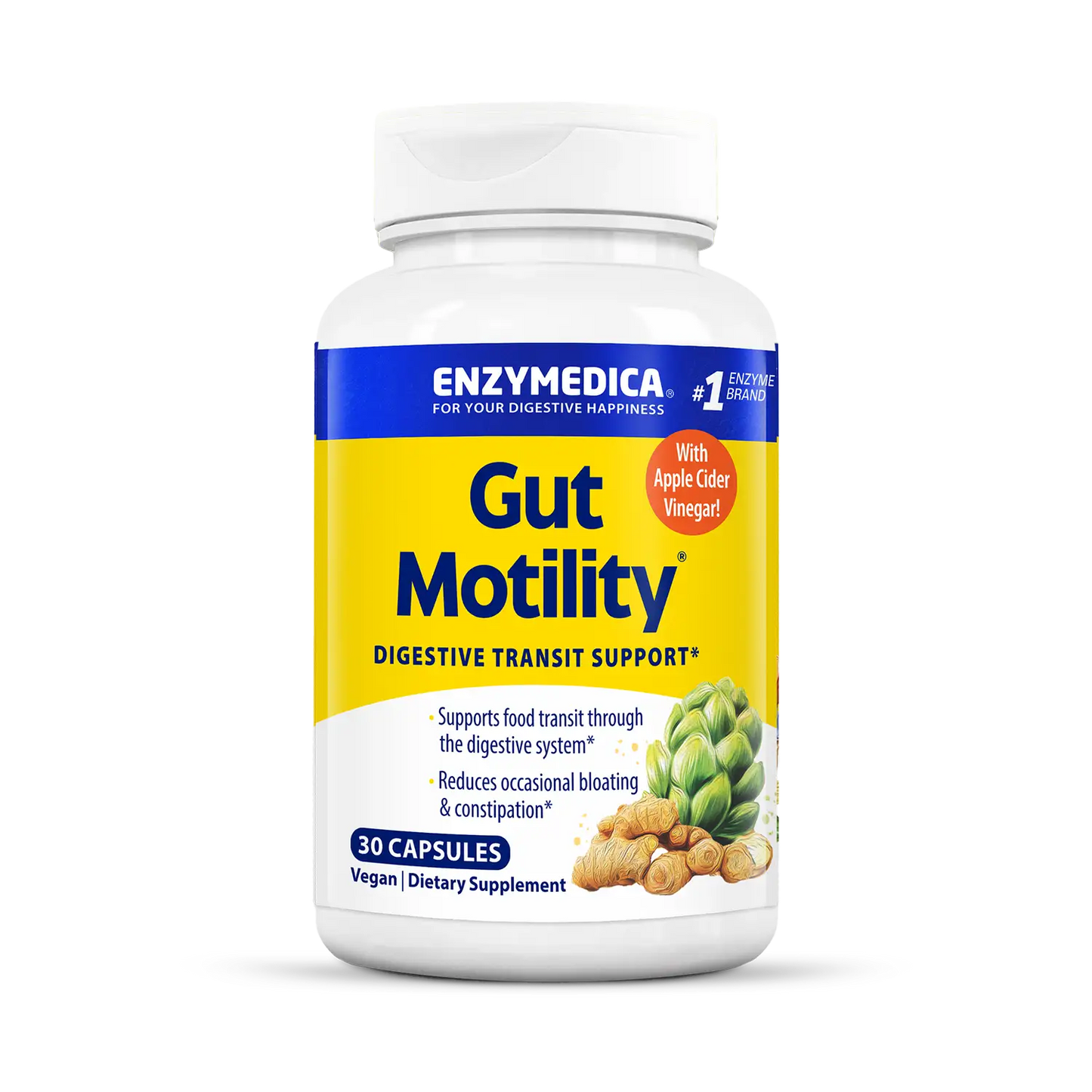 A bottle of Enzymedica Gut Motility dietary supplement with 30 capsules. The label shows the product name, a graphic of an artichoke and a piece of ginger, and the claim that it supports digestive transit.
