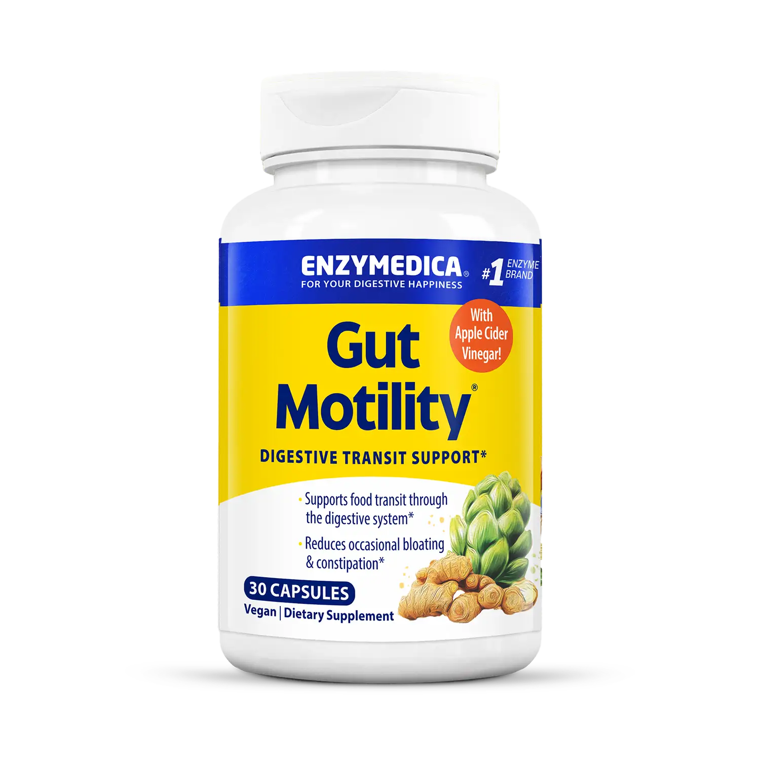 A bottle of Enzymedica Gut Motility dietary supplement with 30 capsules. The label shows the product name, a graphic of an artichoke and a piece of ginger, and the claim that it supports digestive transit.