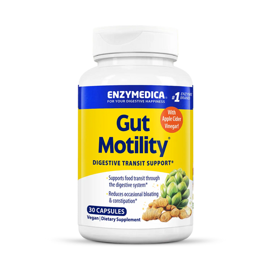 A bottle of Enzymedica Gut Motility dietary supplement with 30 capsules. The label shows the product name, a graphic of an artichoke and a piece of ginger, and the claim that it supports digestive transit.