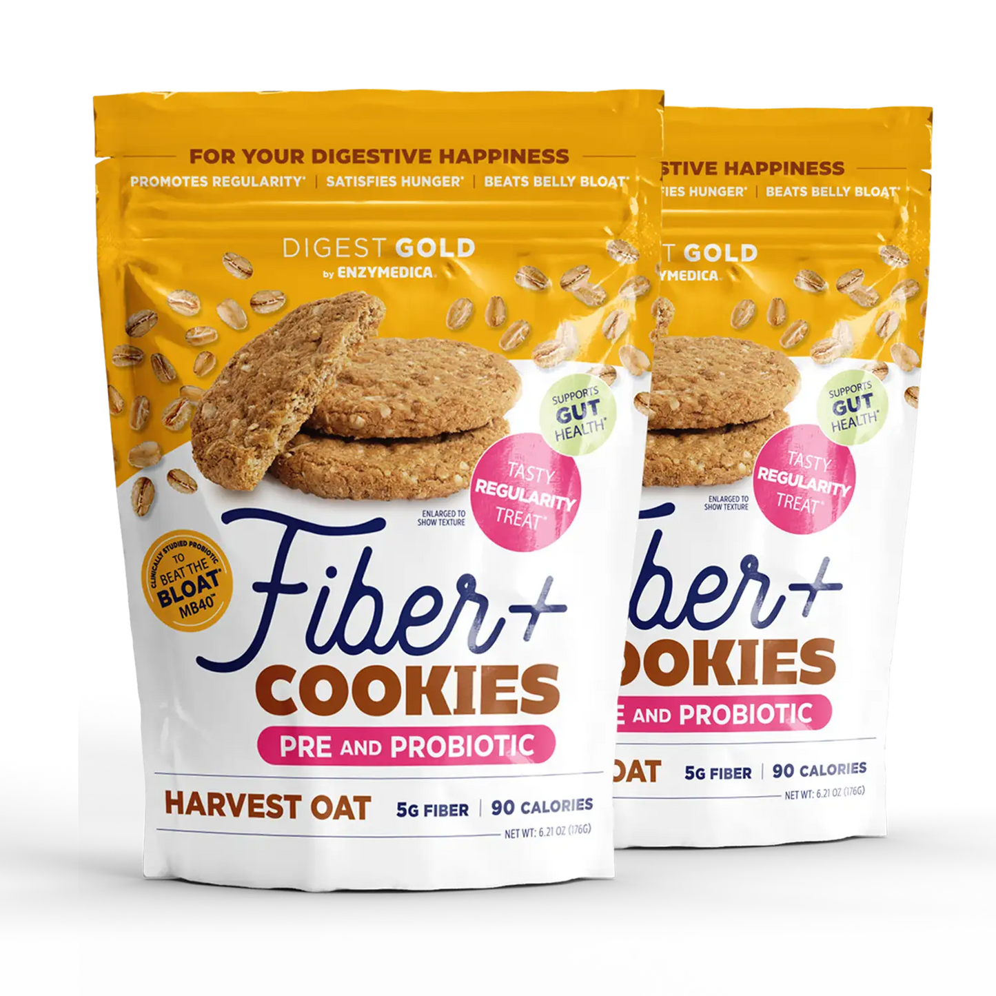 A package of Digest Gold Fiber+ Cookies - Harvest Oat flavor. The packaging is predominantly yellow and white, with images of the oat cookies and seeds.
