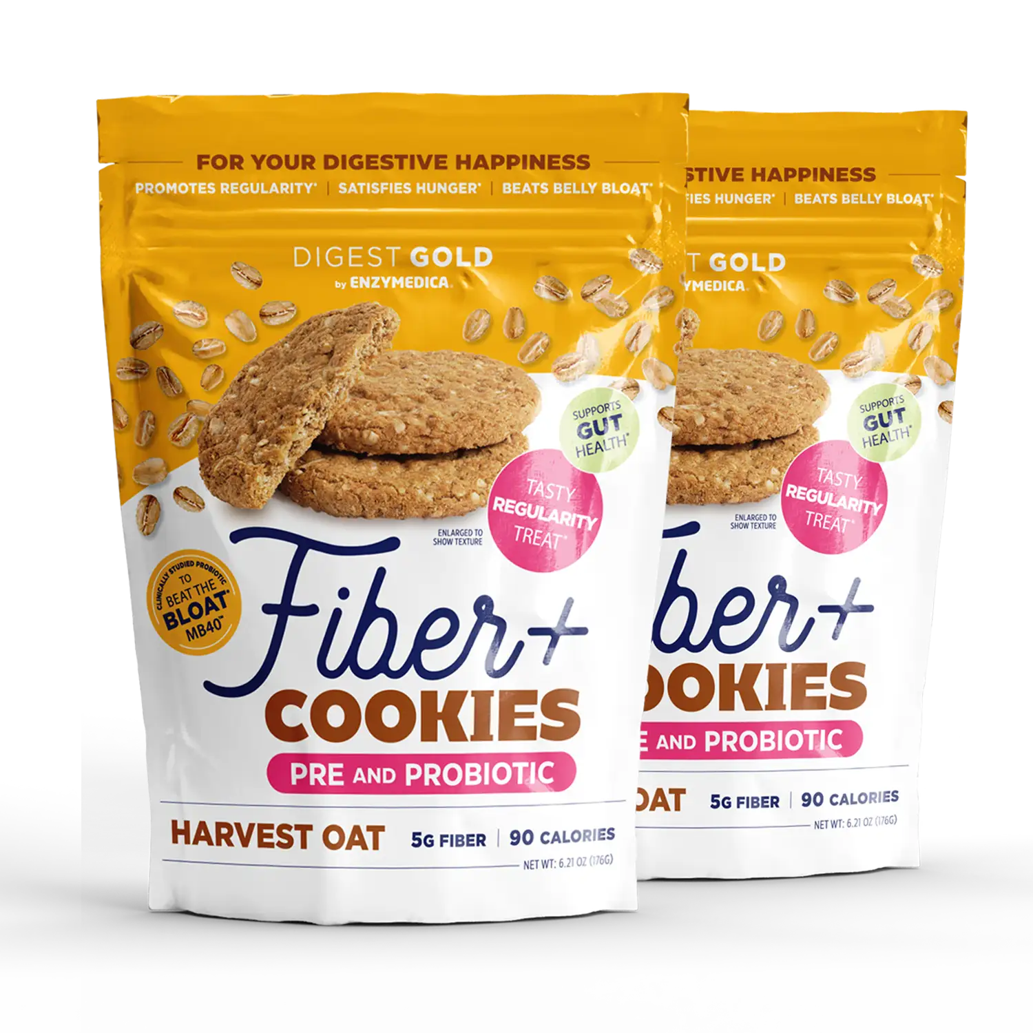 A package of Digest Gold Fiber+ Cookies - Harvest Oat flavor. The packaging is predominantly yellow and white, with images of the oat cookies and seeds.