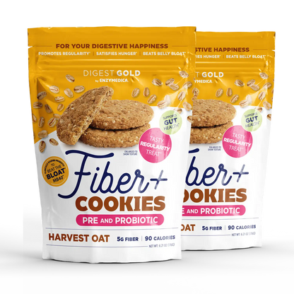 A package of Digest Gold Fiber+ Cookies - Harvest Oat flavor. The packaging is predominantly yellow and white, with images of the oat cookies and seeds.