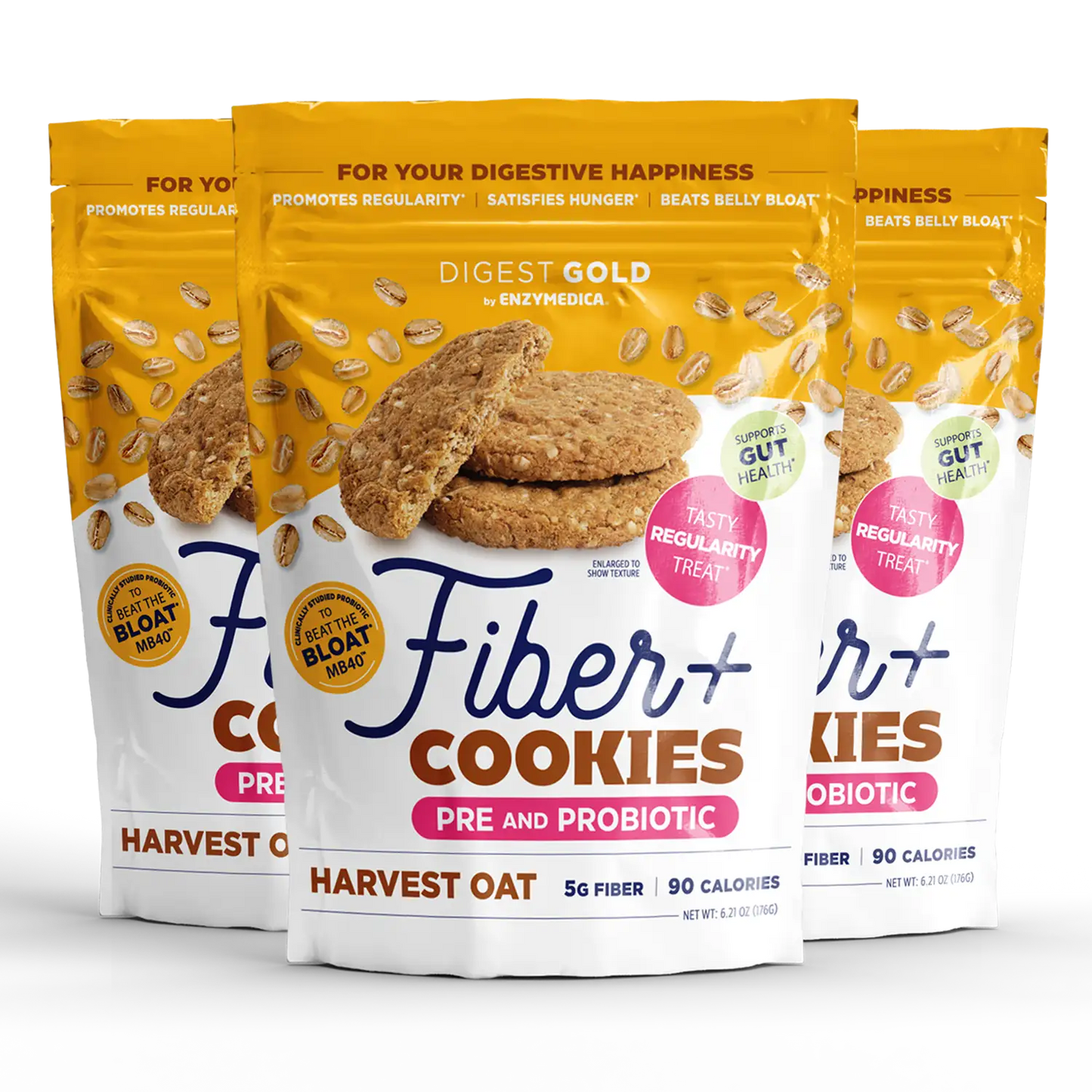 A package of Digest Gold Fiber+ Cookies - Harvest Oat flavor. The packaging is predominantly yellow and white, with images of the oat cookies and seeds.