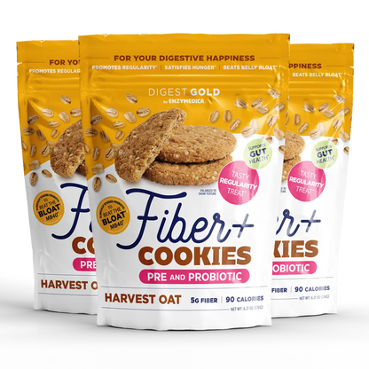 A package of Digest Gold Fiber+ Cookies - Harvest Oat flavor. The packaging is predominantly yellow and white, with images of the oat cookies and seeds.