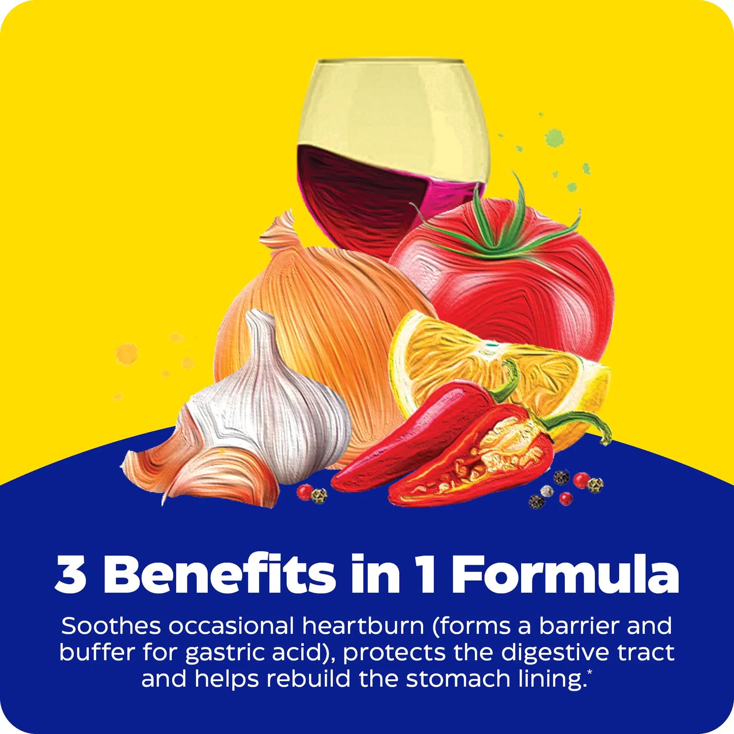 advertisement for heartburn soothe chewable, 3 benefits in  1 formula