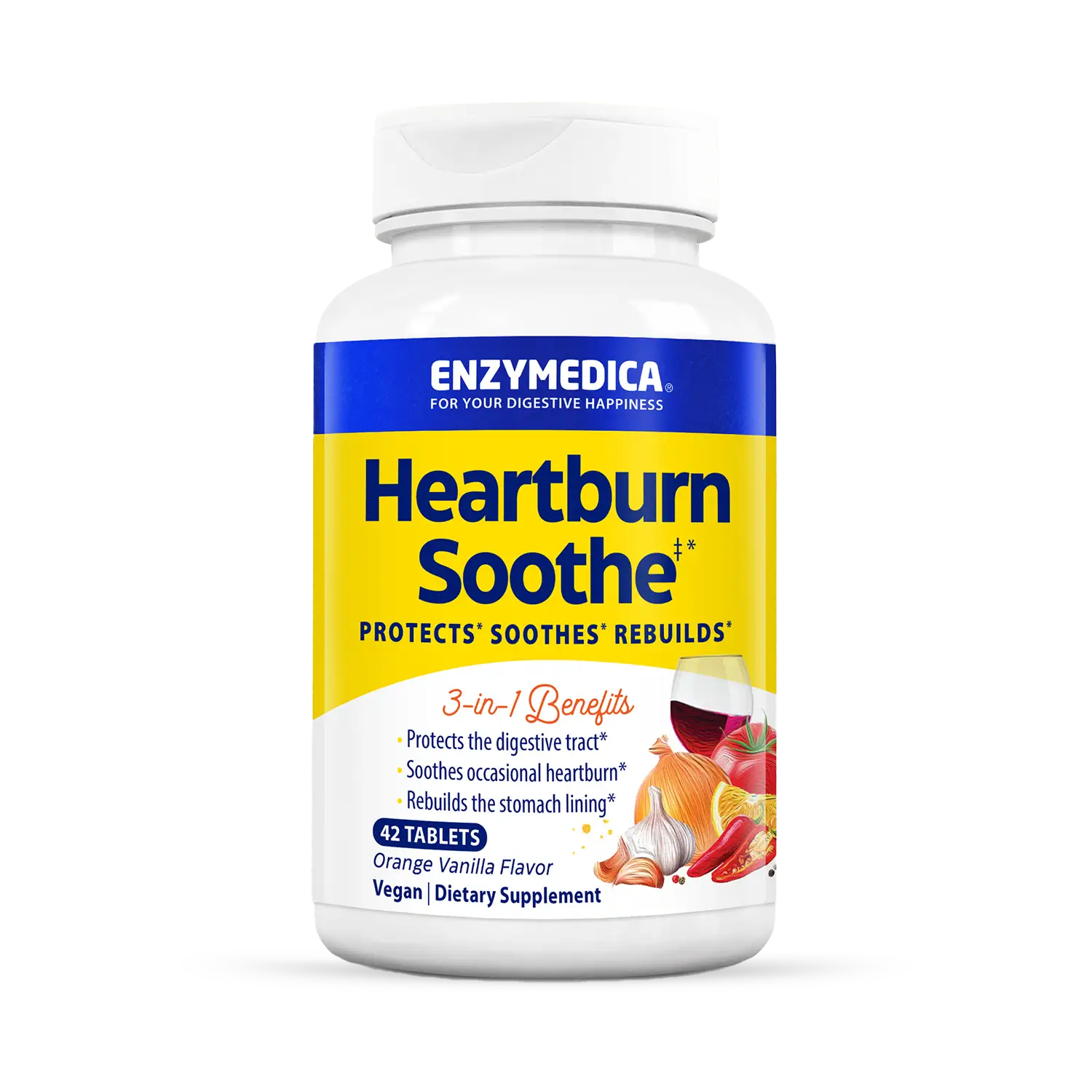A bottle of Enzymedica Heartburn Soothe chewable tablets with vanilla-orange flavor.