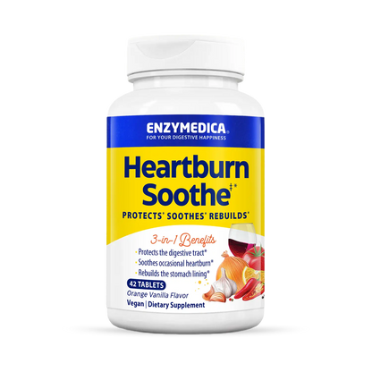A bottle of Enzymedica Heartburn Soothe chewable tablets with vanilla-orange flavor.