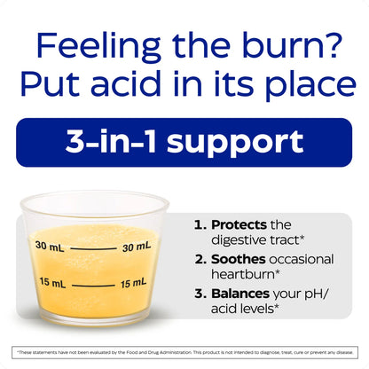 Glass container with yellow liquid and text about 3-in-1 support for digestive health.