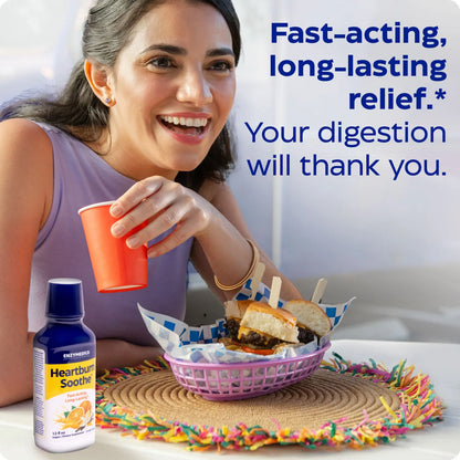 Woman holding a cup with a basket of food and a bottle of Heartburn Soothe, with text about fast-acting relief.