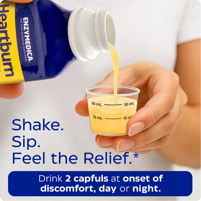 Enzymedica Heartburn relief product being poured into a small container with text on a white background.