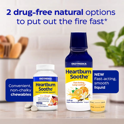 Enzymedica Heartburn Soothe products on a kitchen counter with text about drug-free natural options.