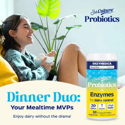 Woman eating ice cream with a bottle of Sub Culture Probiotics and Enzymedica supplement in a casual setting.